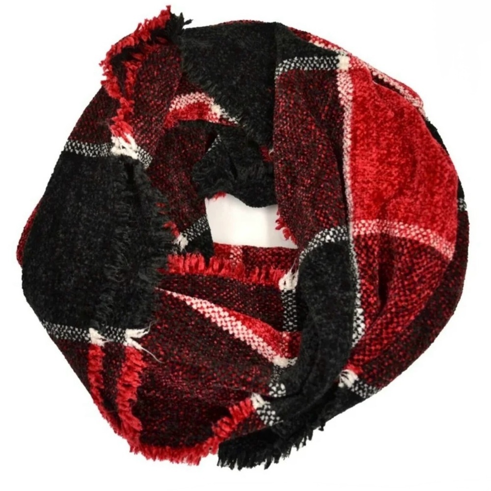 CHARTER CLUB Womens Red Chenille Fringed Infinity Scarf. Plaid Red and Black - Picture 1 of 5